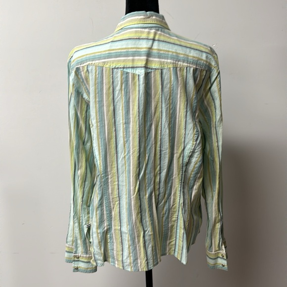 Izod Womens Blouse XL Blue Green Pearl Snap Long Sleeve Shimmer Thread pockets - Picture 6 of 10